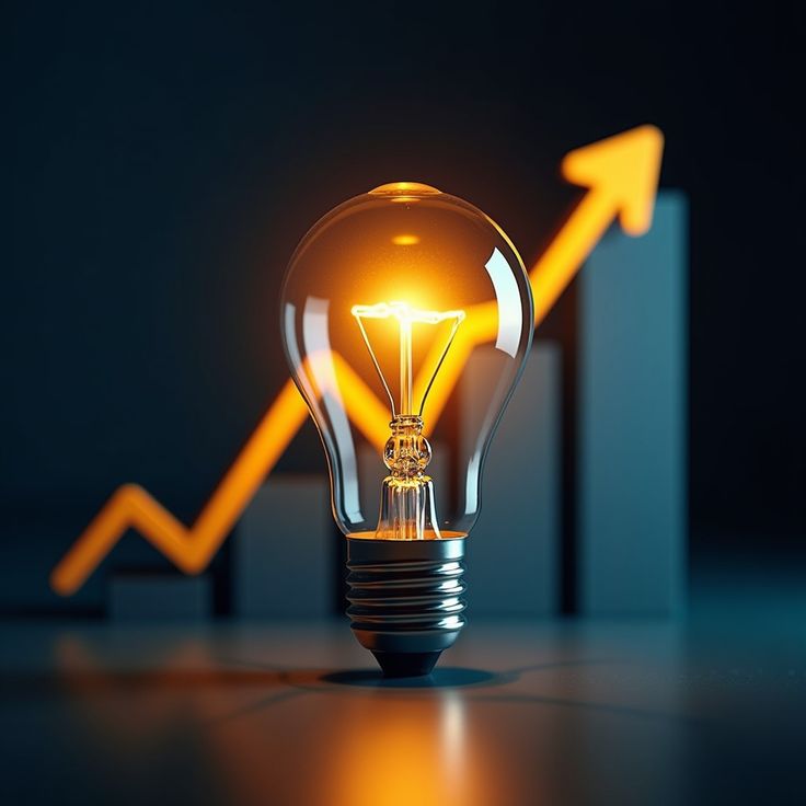 Glowing light bulb with an upward business growth arrow