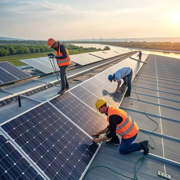 Team installing rooftop solar panels