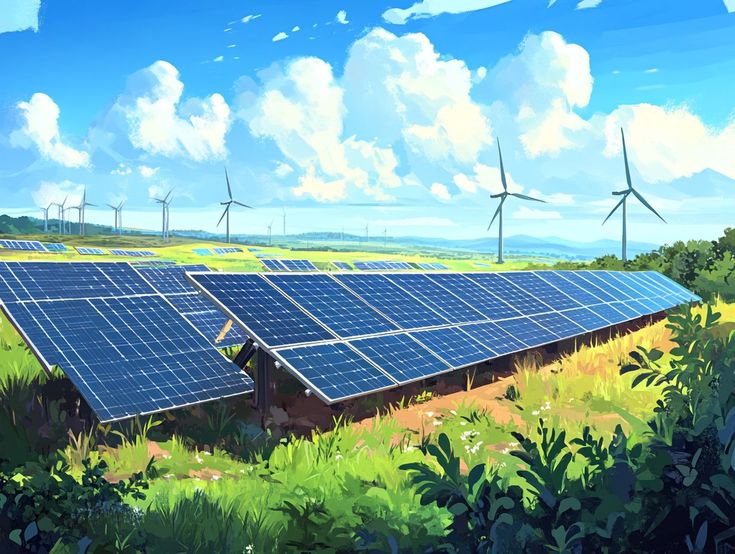 Solar farm and wind turbines beneath a blue sky