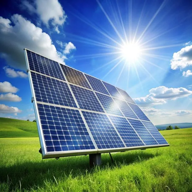Solar panels in a green field under bright sunlight